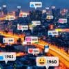Photo of a city at night with chat bubbles with icons with a number representing interactions