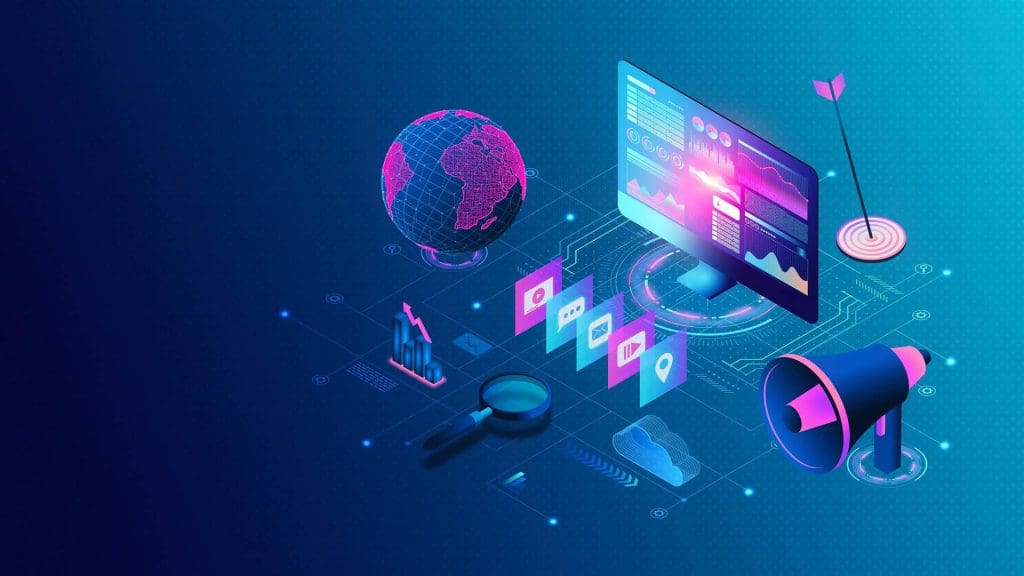 Illustration of a computer surrounded by a glove, bulls eye, and megaphone