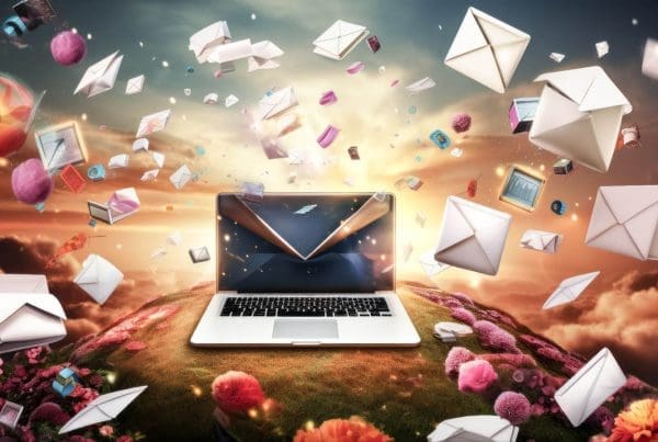 Illustration of a laptop on a hill with letters flying around it