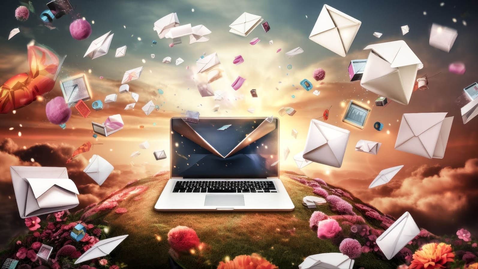 Illustration of a laptop on a hill with letters flying around it