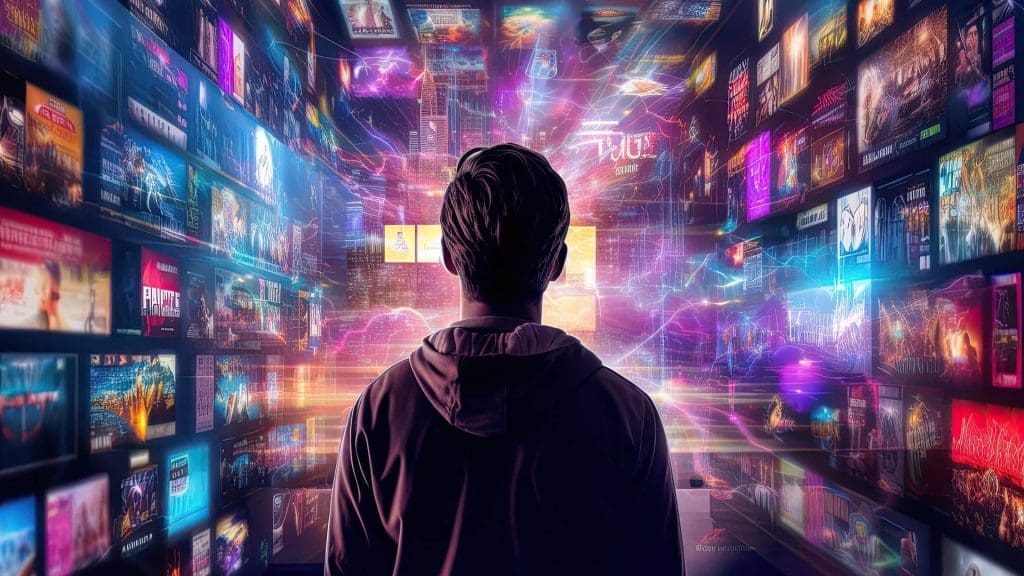 Silhouette of man looking out into a city with neon lights surrounded with screens of TV shows