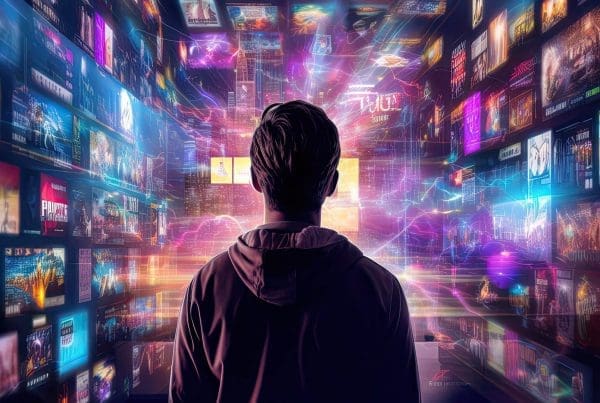Silhouette of man looking out into a city with neon lights surrounded with screens of TV shows