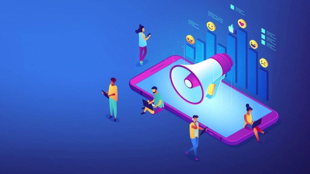 Illustration of small people surrounding a mobile phone with a megaphone and chart popping out of it