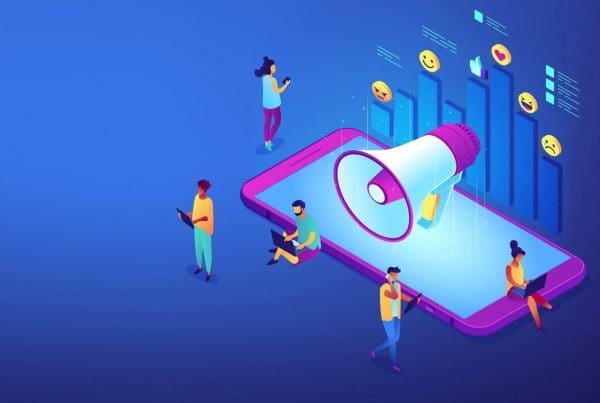 Illustration of small people surrounding a mobile phone with a megaphone and chart popping out of it